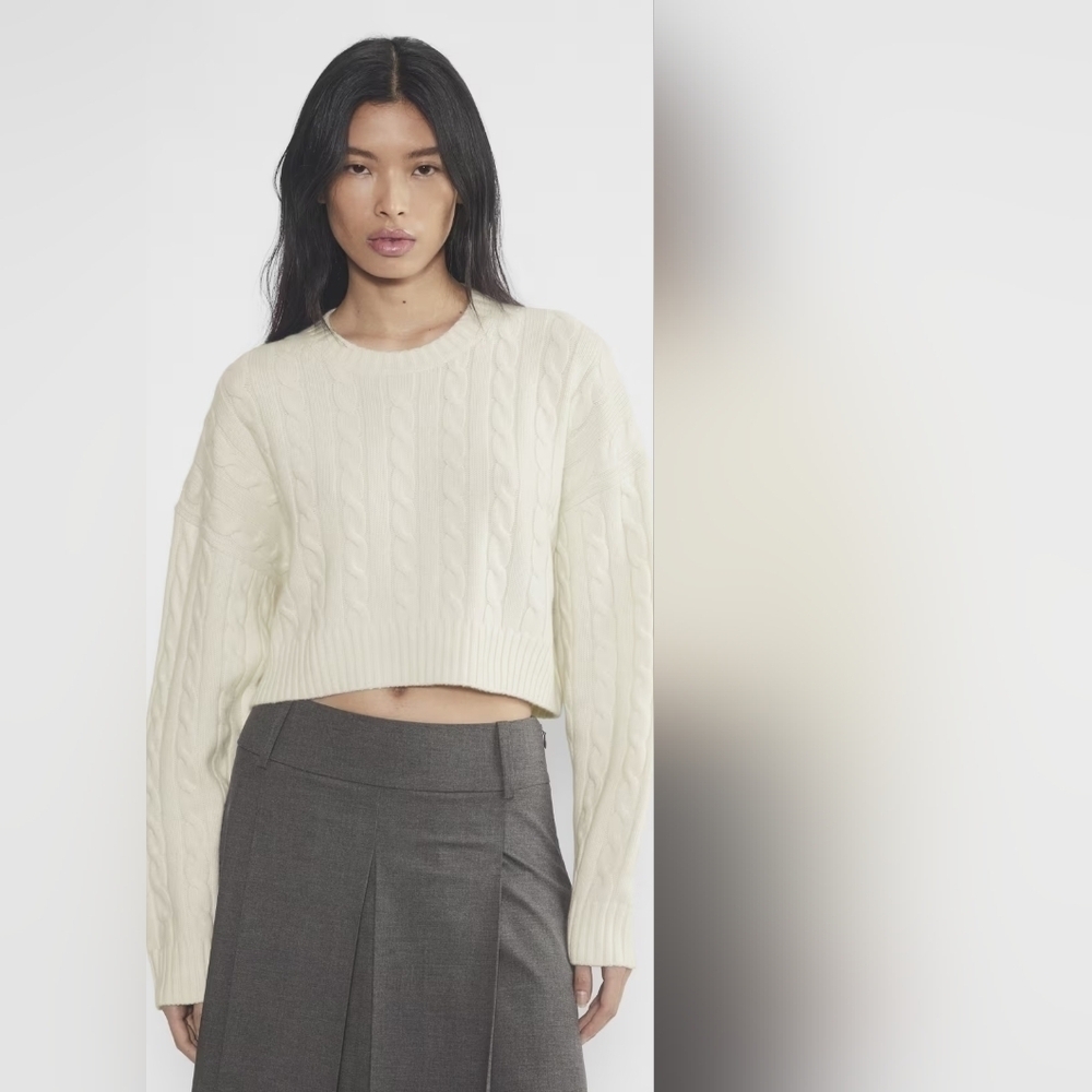 Aritzia Sunday Best Peggy Cropped Sweater, Wool Cotton, Cream, Oversized Size XS - Picture 3 of 12